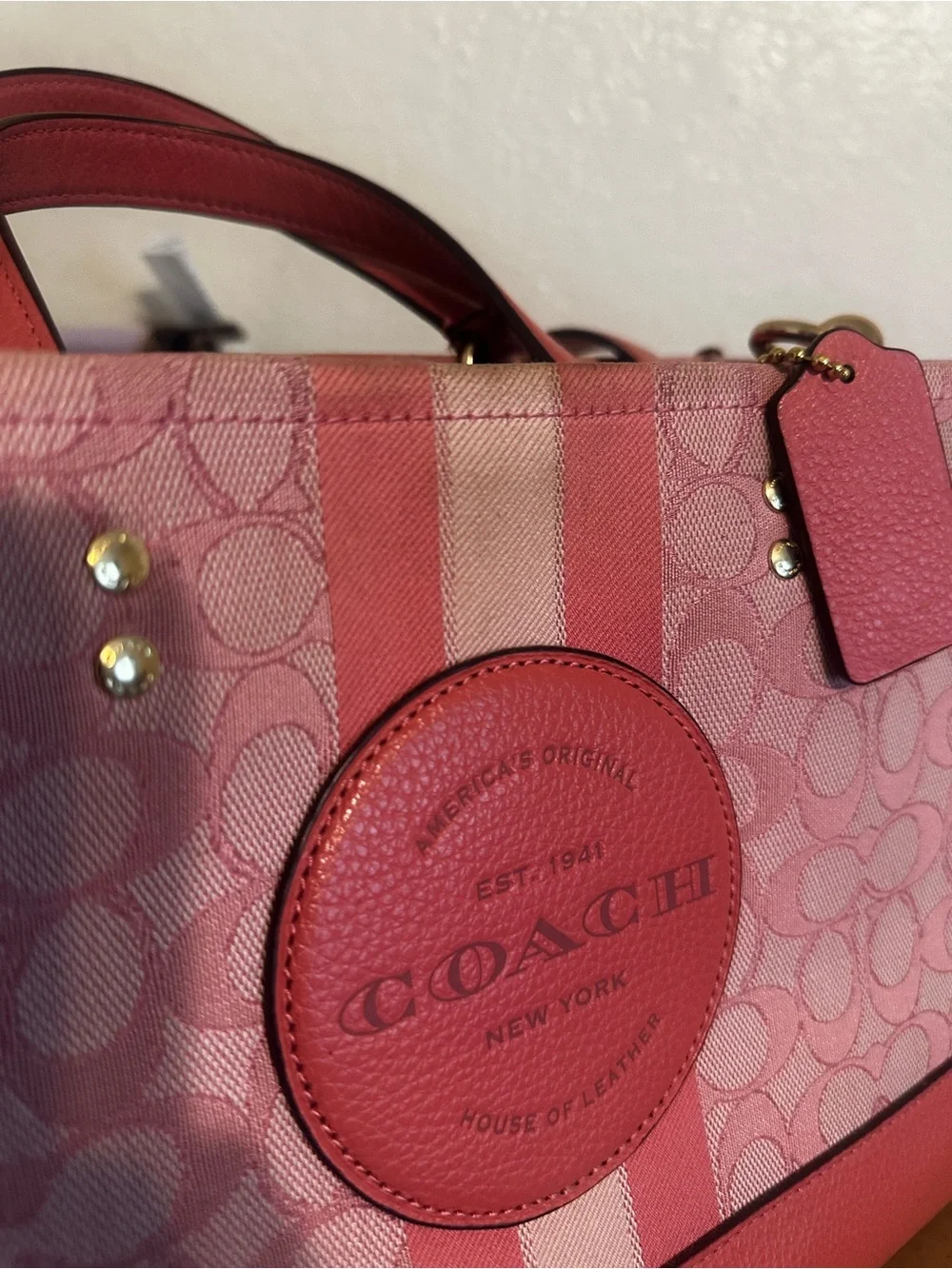 Coach Pink Signature Stripe Tote with Leather Trim